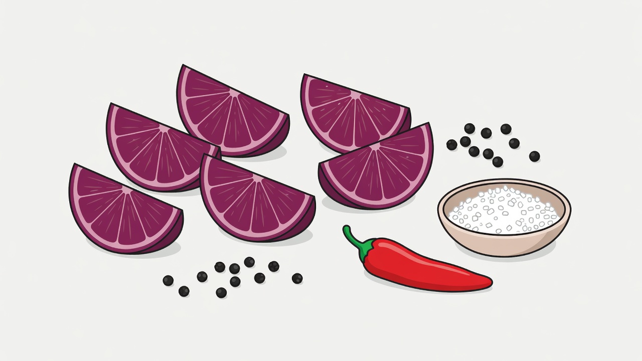 Flat vector illustration of plum-toned citrus wedges beside scattered peppercorns, a chilli and a small bowl of sea salt