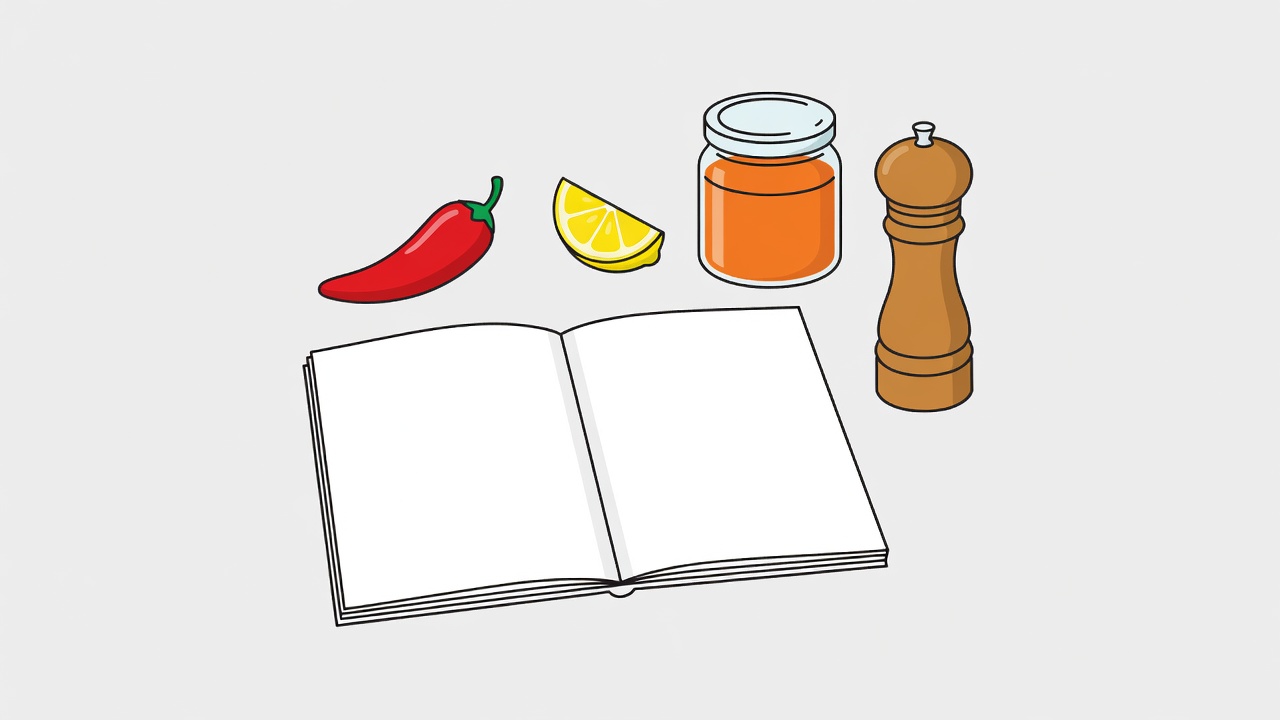 Flat vector illustration of an open recipe notebook surrounded by a chilli, a lemon wedge, a jar of paste and a pepper grinder