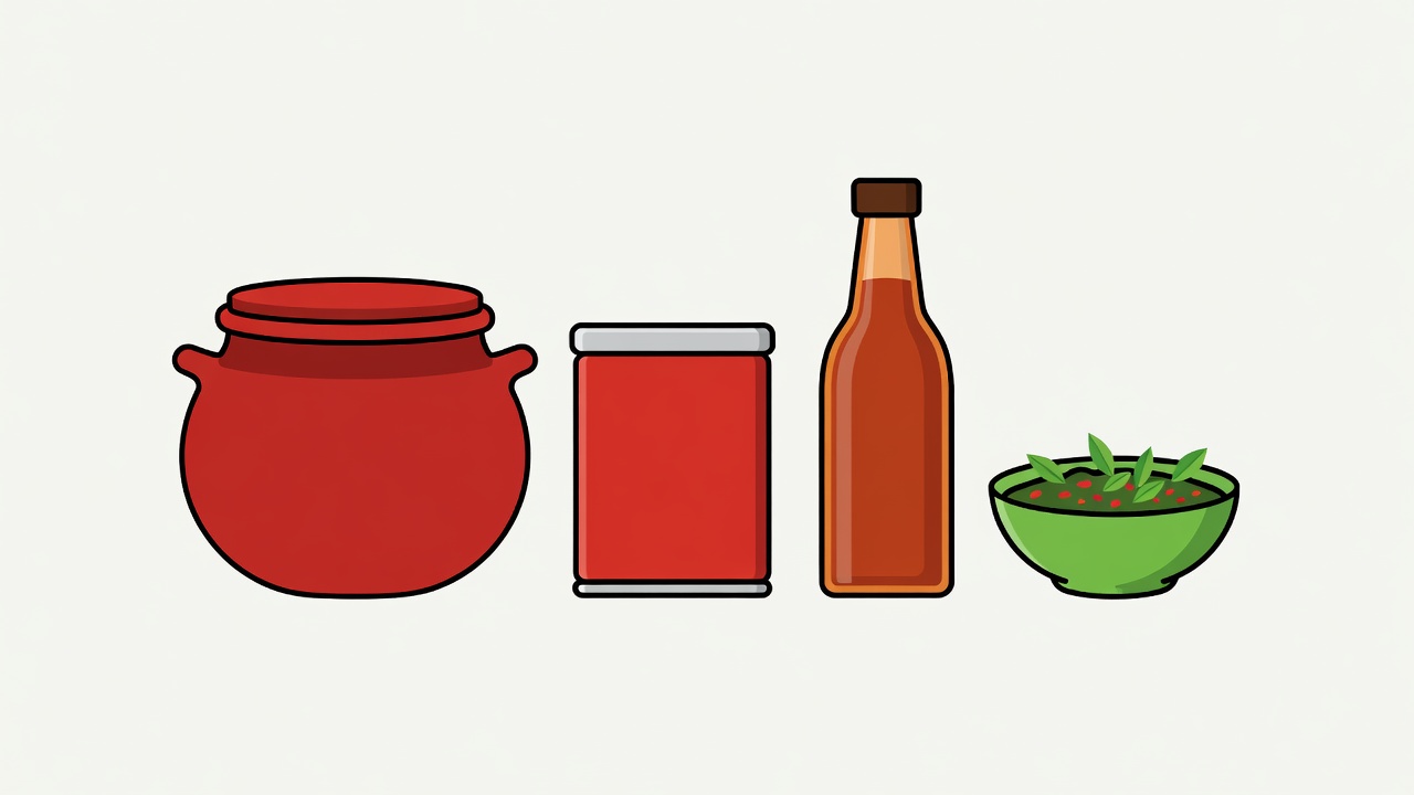 Flat vector illustration of a row of sauce vessels: a ceramic gochujang crock, a harissa tin, a fish sauce bottle and a small chimichurri bowl