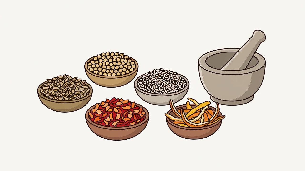 Flat vector illustration of small bowls holding whole cumin, coriander seeds, sesame, chilli flakes and dried citrus peel beside a mortar and pestle